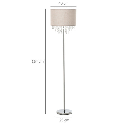 HOMCOM Modern Steel Floor Lamp with Crystal Pendant Fabric Lampshade Floor Switch, Home Style Standing Light, Silver and Cream White