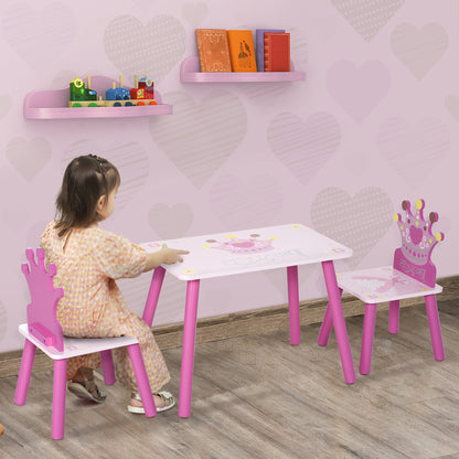 HOMCOM 3-Piece Set Kids Wooden Table Chair with Crown Pattern Easy to Clean Gift for Girls Toddlers Age 3 to 8 Years Old Pink