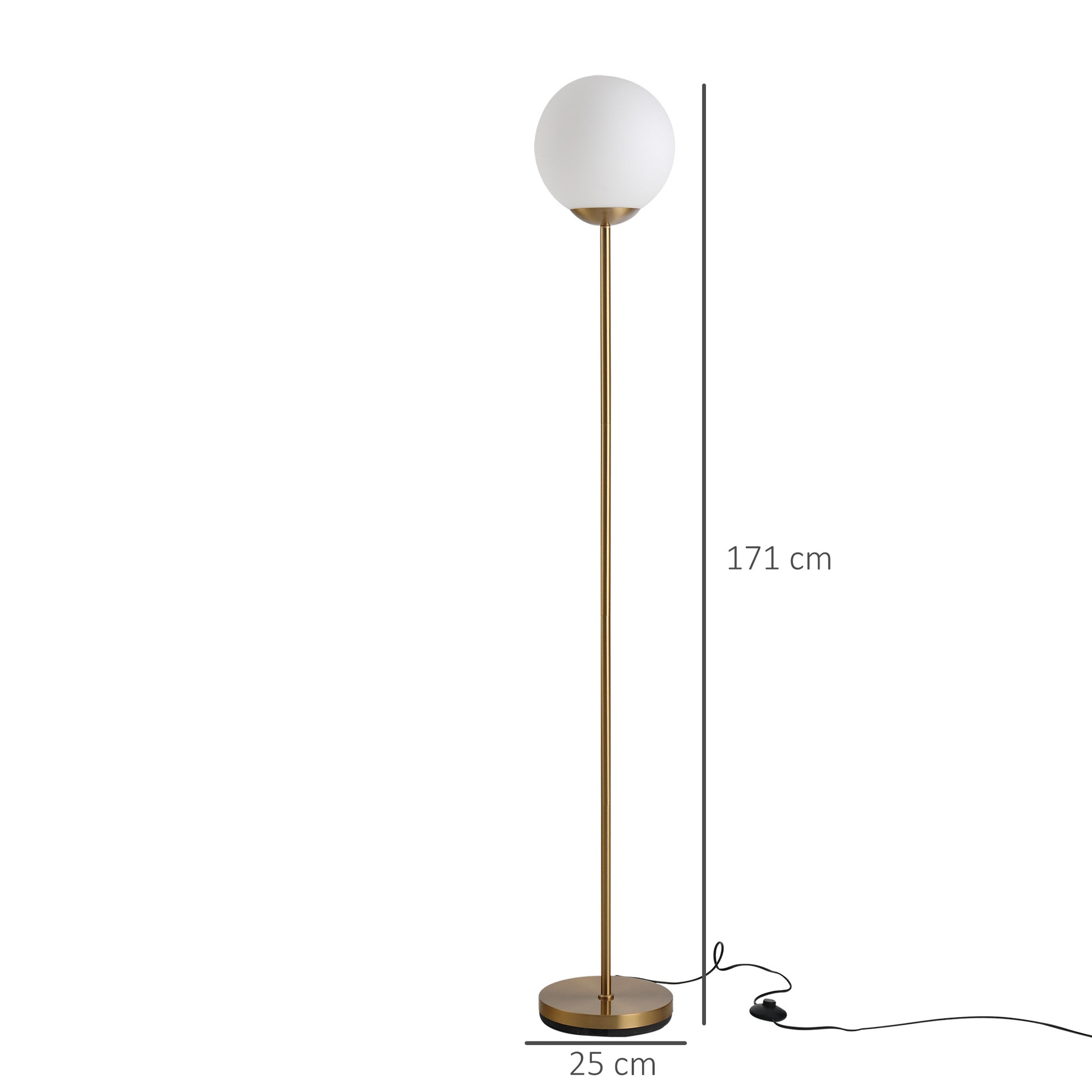 HOMCOM 171cm Glass Globe Floor Lamp Metal Frame Sphere Light Pedal Switch Home Office Living Room Modern Unique Standing Beautiful Furnishing - Gold