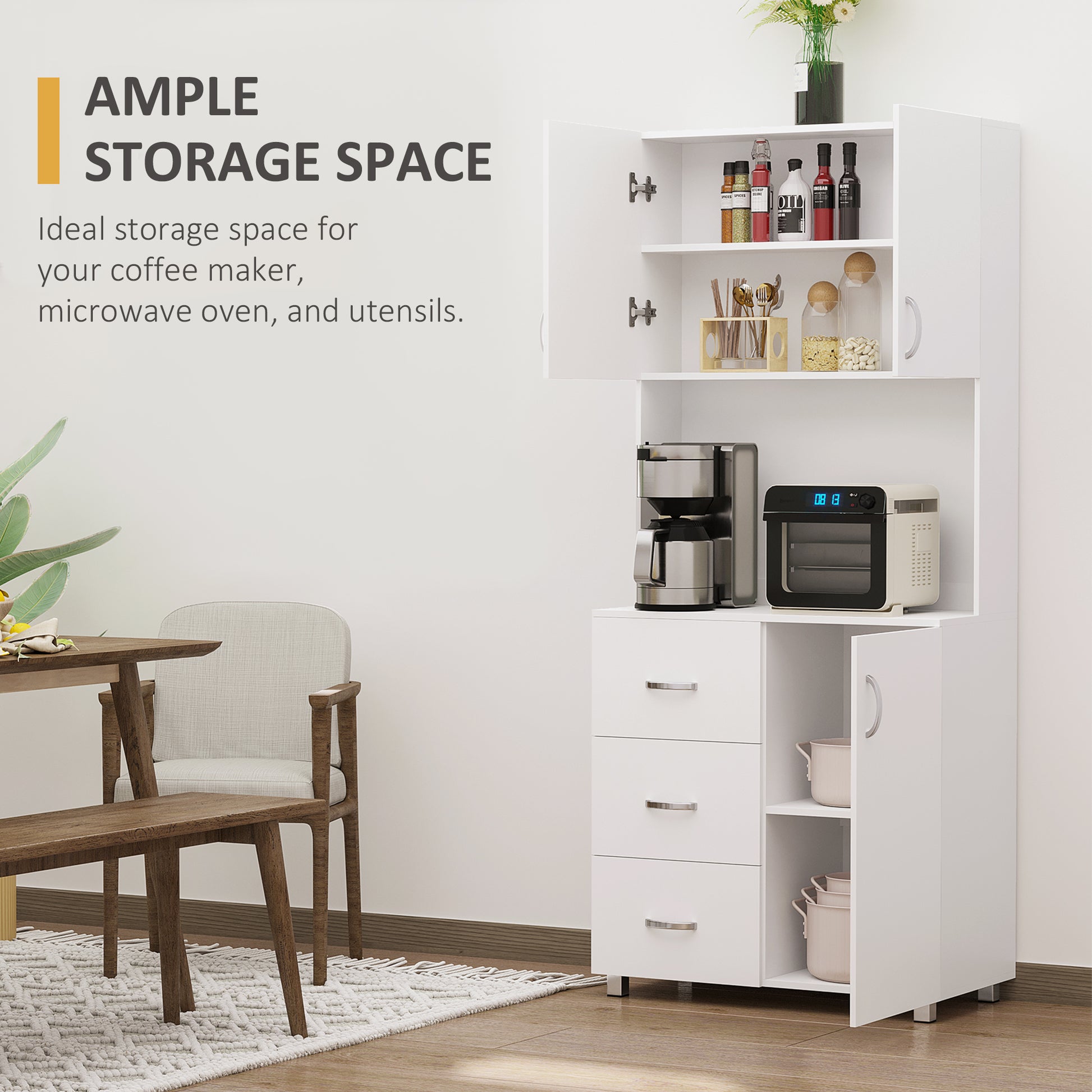 HOMCOM Free standing Kitchen Cabinet Cupboard with 2 cabinet, 3 drawers and 1 Open Space, Adjustable Height Storage Unit, White