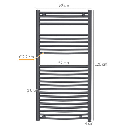 HOMCOM Straight Heated Towel Rail, Hydronic Bathroom Ladder Radiator Towel Warmer For Central Heating 600mm x 1200mm, Grey