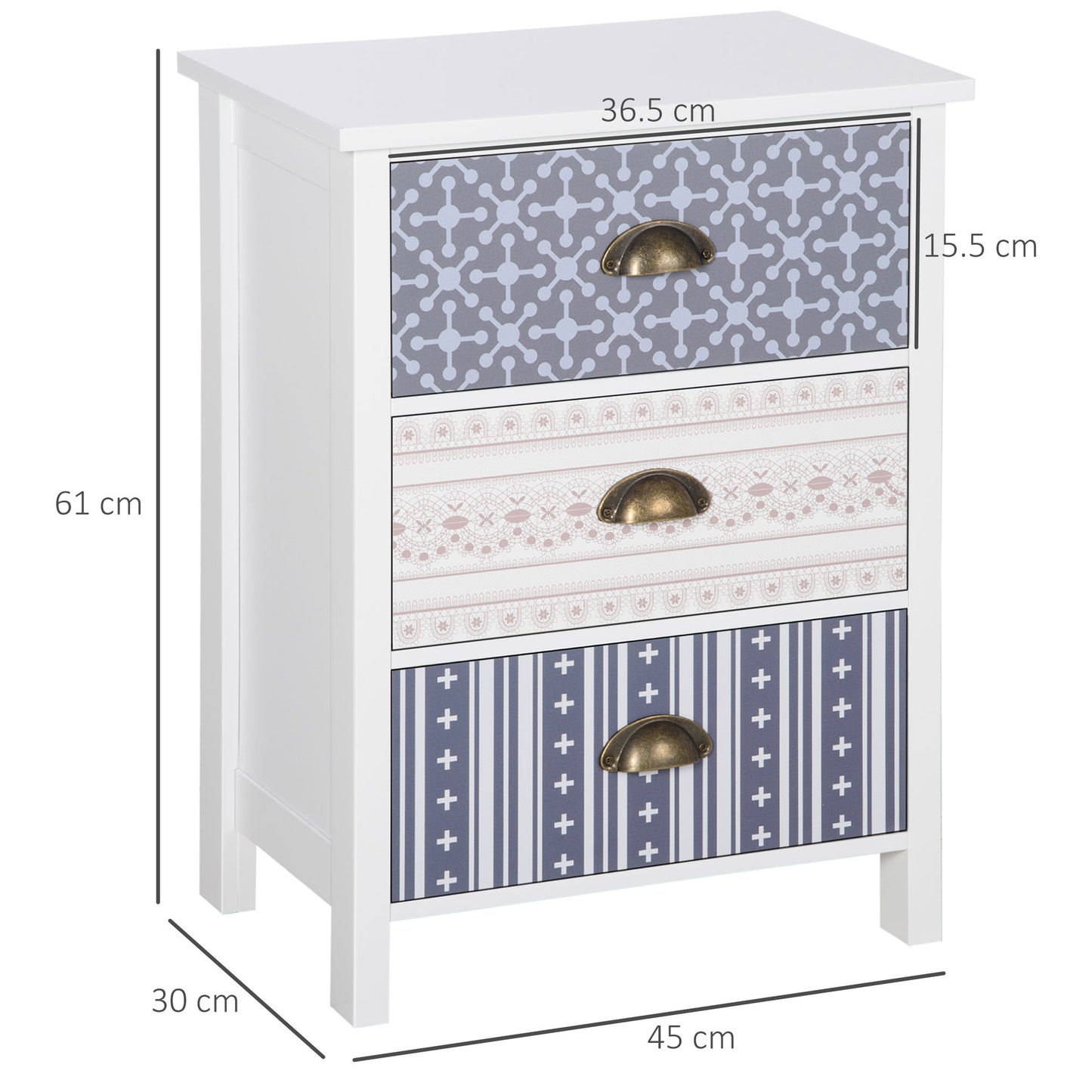 HOMCOM Bedside Table Set of 2 Chest of 3 Drawers Shabby Chic Nightstands with Metal Handle Sofa Side Table for Living Room, Bedroom,Purple