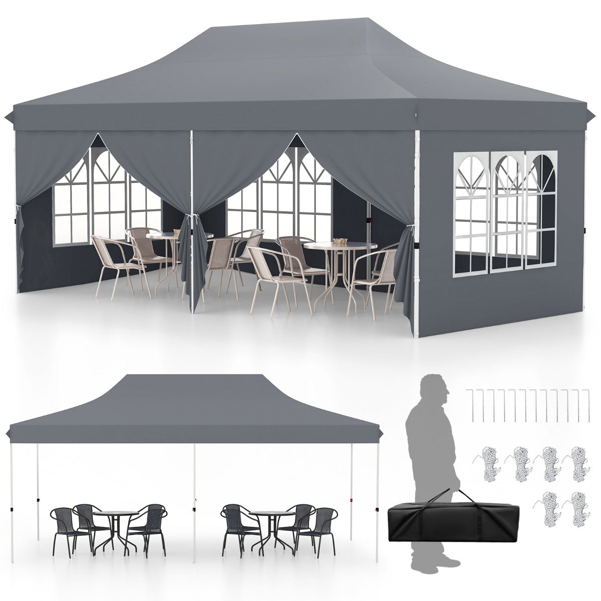 Pop-up Canopy Tent with 6 Detachable Sidewalls and Carrying Bag-Grey