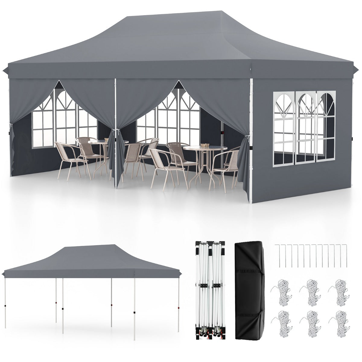 Pop-up Canopy Tent with 6 Detachable Sidewalls and Carrying Bag-Grey