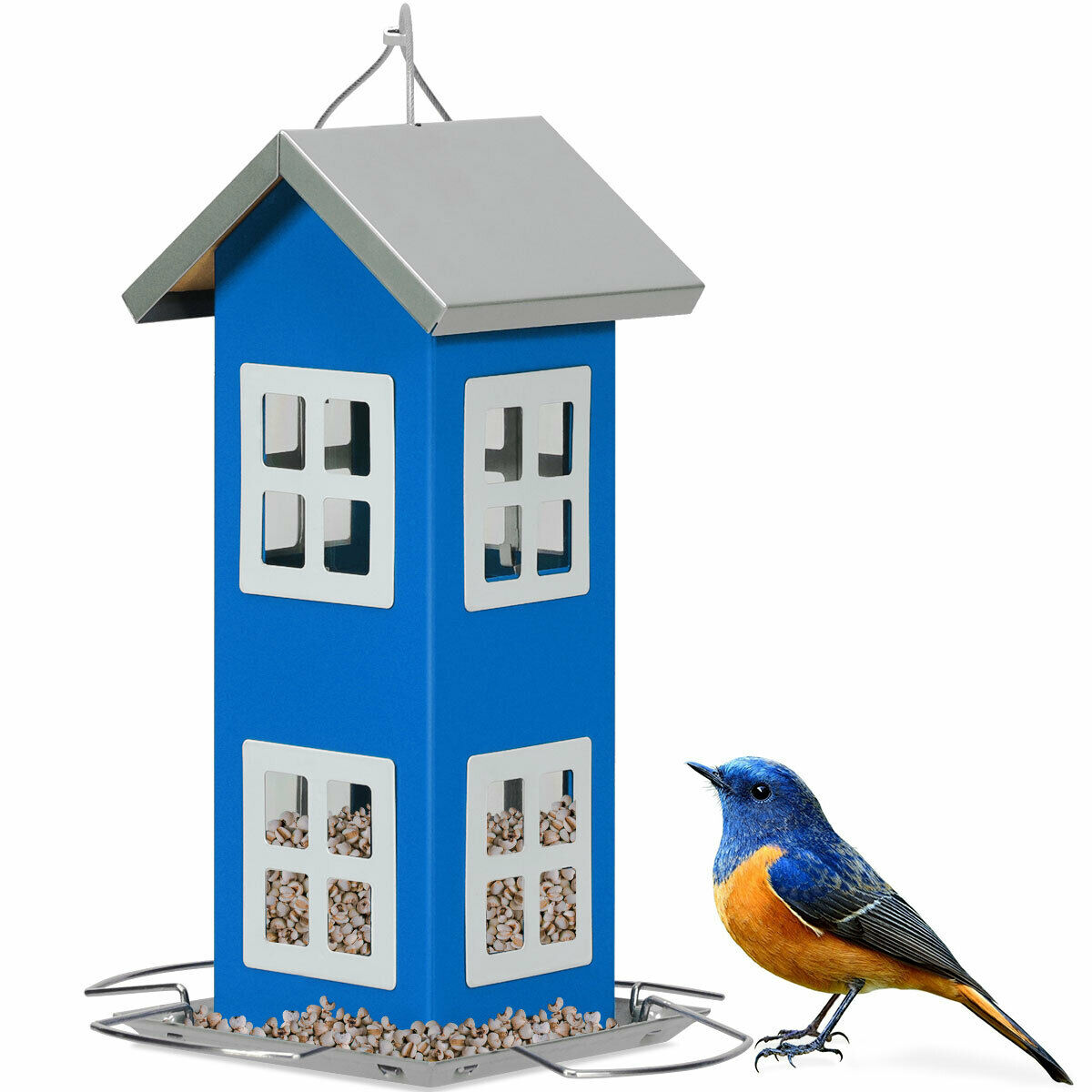 Hanging Bird Feeder with Platform and Hanging Cord for Backyard-Blue