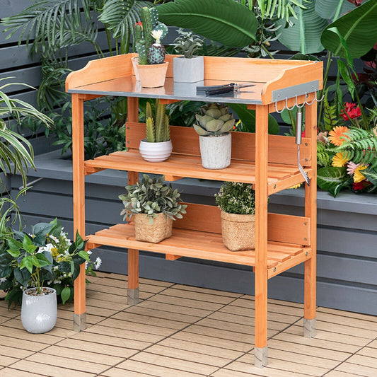 3 Tier Garden Potting Bench Table with Hooks and Storage Shelves