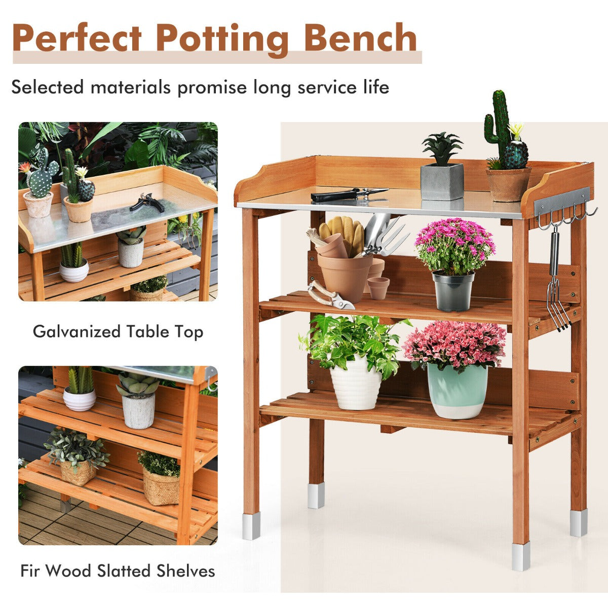 3 Tier Garden Potting Bench Table with Hooks and Storage Shelves