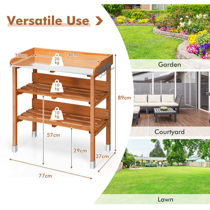 3 Tier Garden Potting Bench Table with Hooks and Storage Shelves