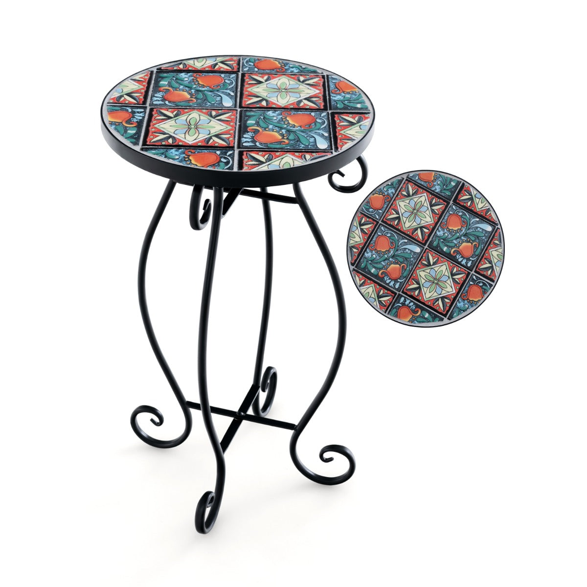 Outdoor Mosaic Round Plant Stand with Ceramic Tile Top