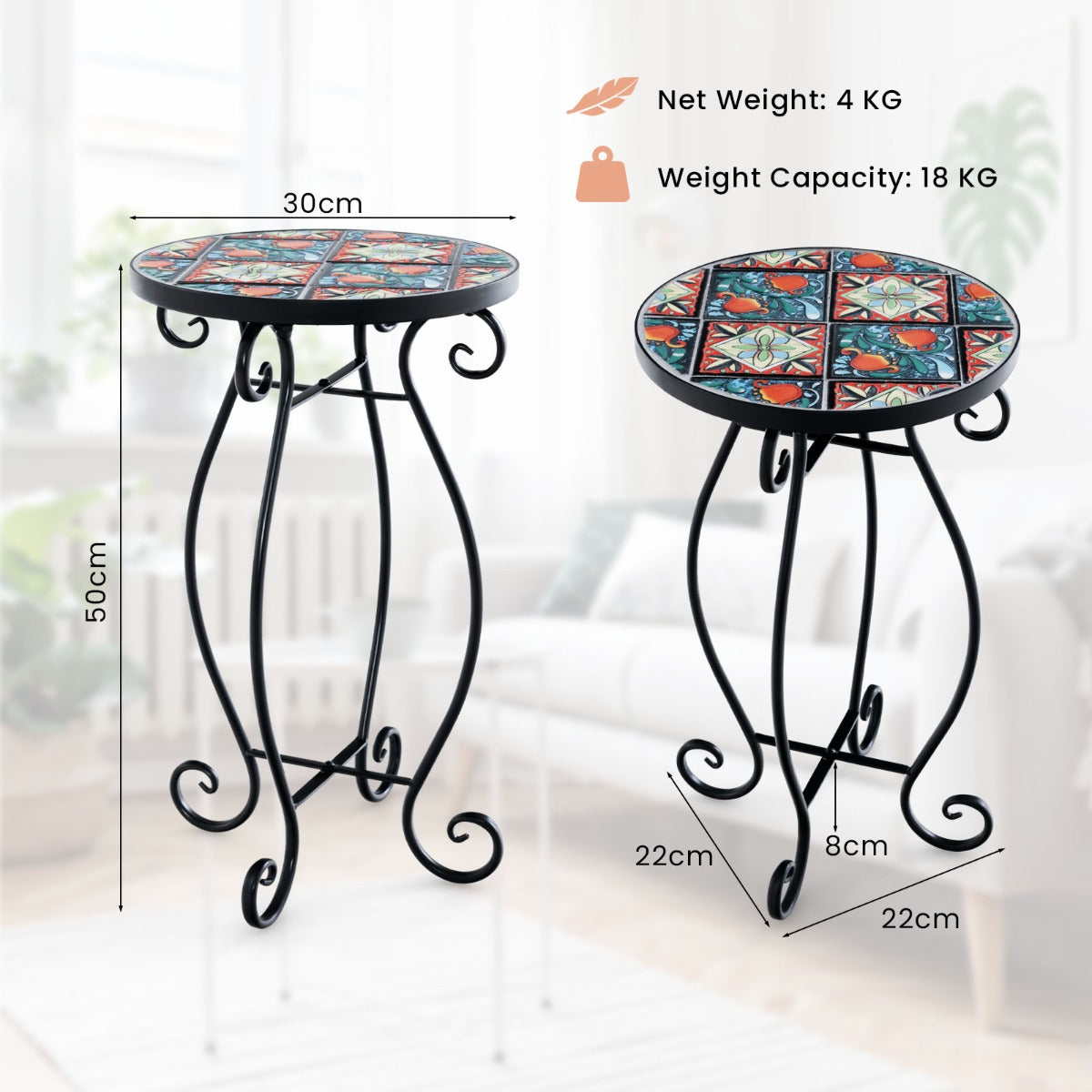 Outdoor Mosaic Round Plant Stand with Ceramic Tile Top