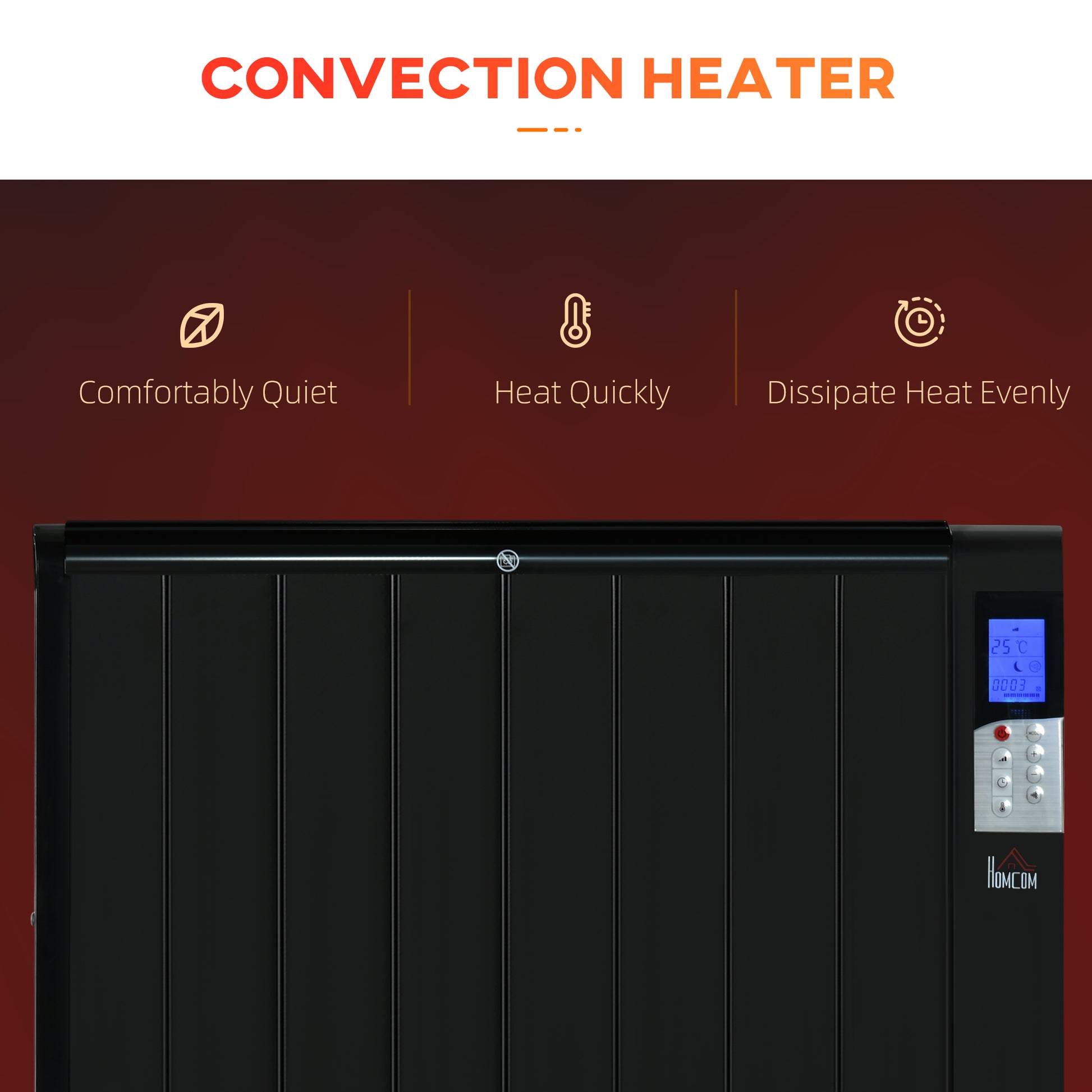 HOMCOM Convector Radiator Heater, Quiet Panel Heater, Freestanding or Wall-mounted Portable Electric Heater with Window Opening Detection Black