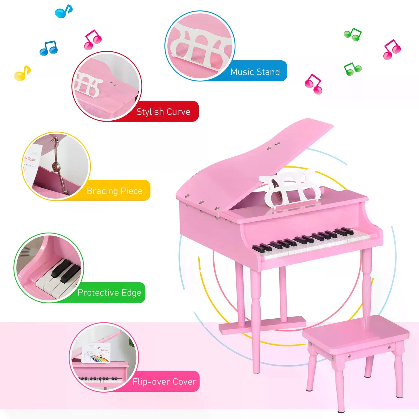 HOMCOM Modern Kids Piano 30 Keys Set of 2 Mini Toy for Child Grand Piano with Music Stand and Bench, Best Gifts Pink