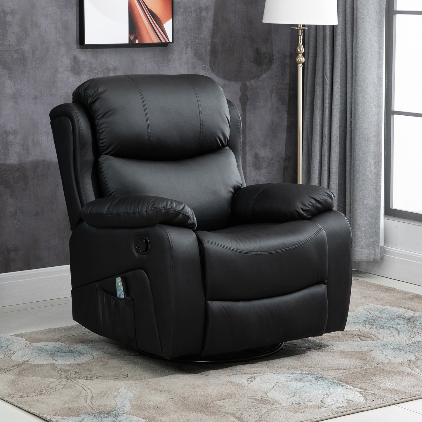 HOMCOM PU Leather Reclining Chair with 8 Massage Points and Heat, Manual Recliner with Swivel Base, Footrest and Remote, Black