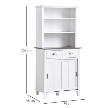 HOMCOM Freestanding Kitchen Cupboard, Storage Cabinet with Sliding Doors and Open Shelves, Adjustable Shelving, White