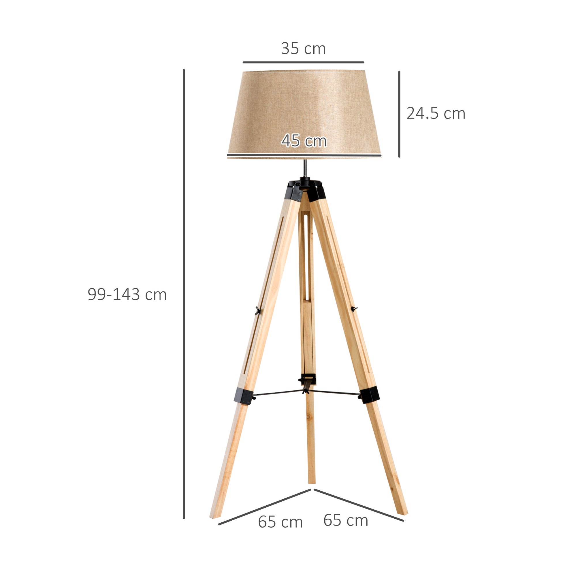 HOMCOM Tripod Floor Lamp Wooden Adjustable Modern Illumination Design E27 Bulb Compatible (Cream Shade) 99-143H