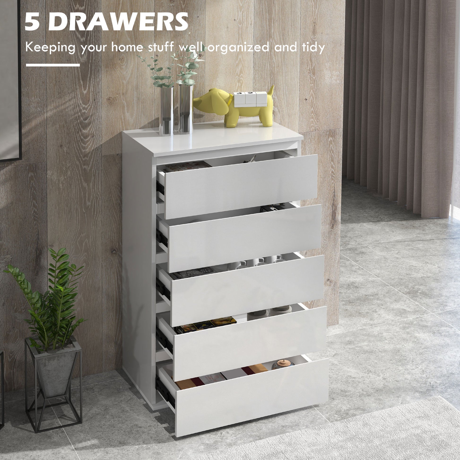 HOMCOM 5-Drawer High Gloss Chest of Drawers, Storage Cabinets, Modern Dresser, Storage Drawer Unit for Bedroom, White