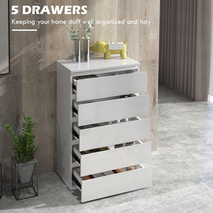 HOMCOM 5-Drawer High Gloss Chest of Drawers, Storage Cabinets, Modern Dresser, Storage Drawer Unit for Bedroom, White