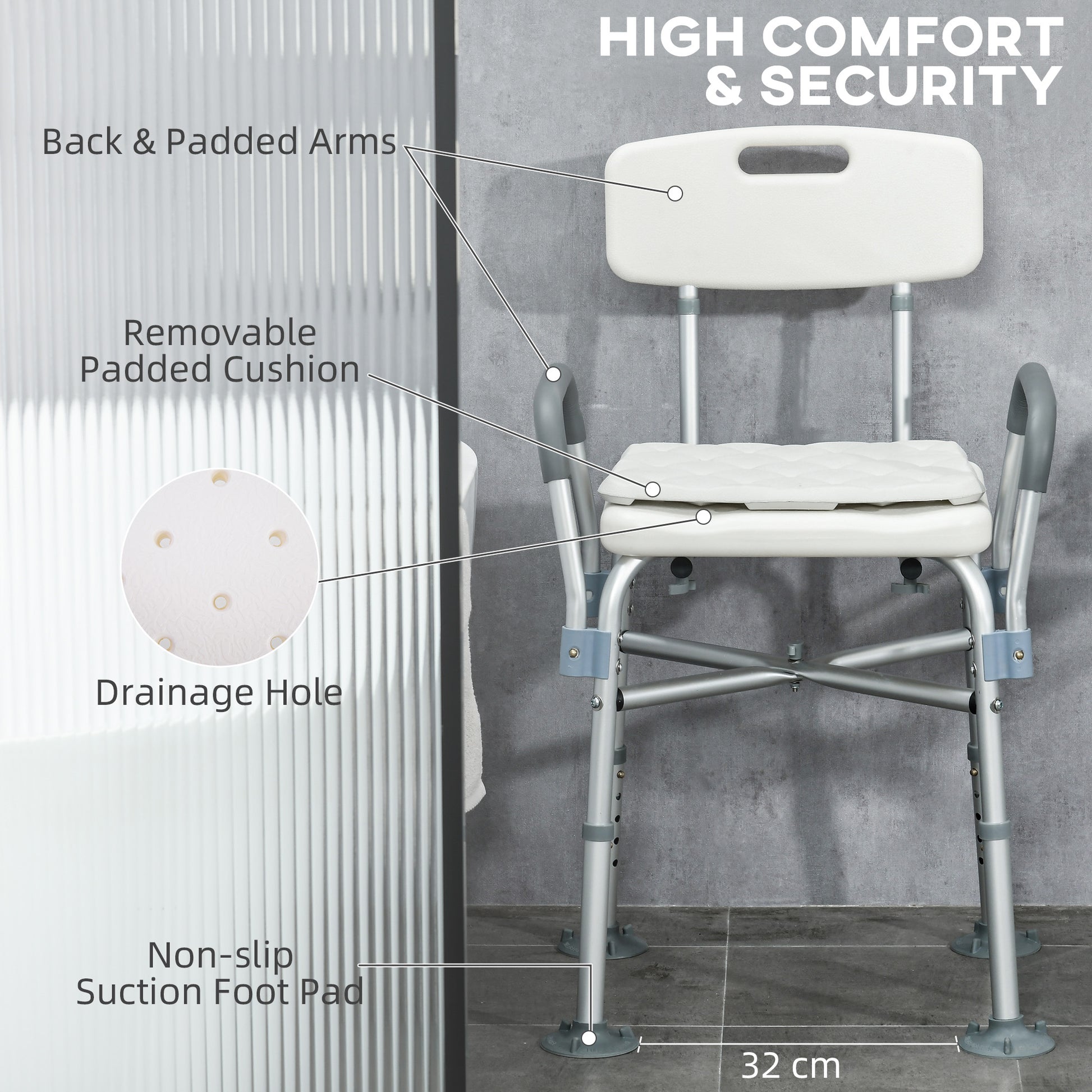 HOMCOM Aluminium Shower Chair w/ Backs & Arms, Height Adjustable Shower Seat w/ Removable Padded Cushion, Bath Stool for Seniors, Disabled, Pregnant