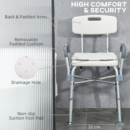 HOMCOM Aluminium Shower Chair w/ Backs & Arms, Height Adjustable Shower Seat w/ Removable Padded Cushion, Bath Stool for Seniors, Disabled, Pregnant