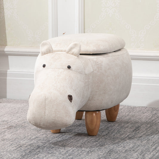 HOMCOM Hippo Storage Stool Cute Decoration Footrest Wood Frame Legs with Padding Lid Ottoman Animal Furniture Cream 36 x 65cm