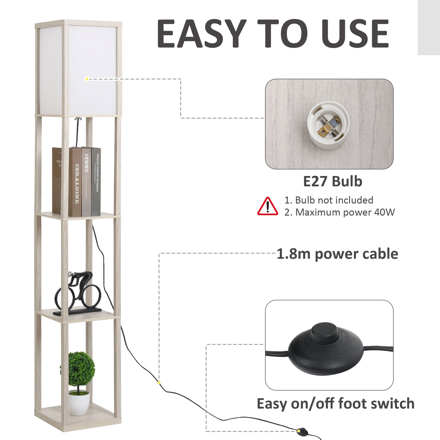 HOMCOM 4-Tier Floor Lamp, Floor Light with Storage Shelf, Reading Standing Lamp for Living Room, Bedroom, Kitchen, Dining Room, Office, Dorm, Oak