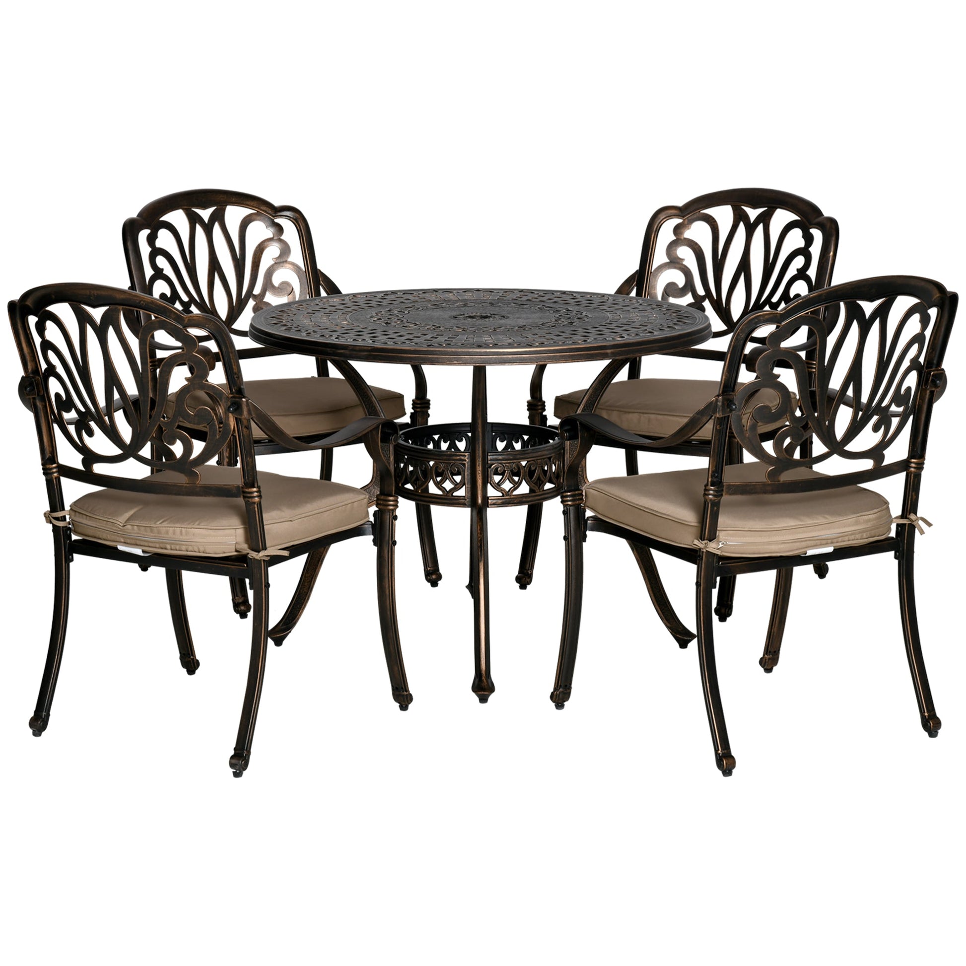 Outsunny 4 Seater Outdoor Dining Set Antique Cast Aluminium Garden Furniture Set with Cushions Round Dining Table with Parasol Hole, Bronze