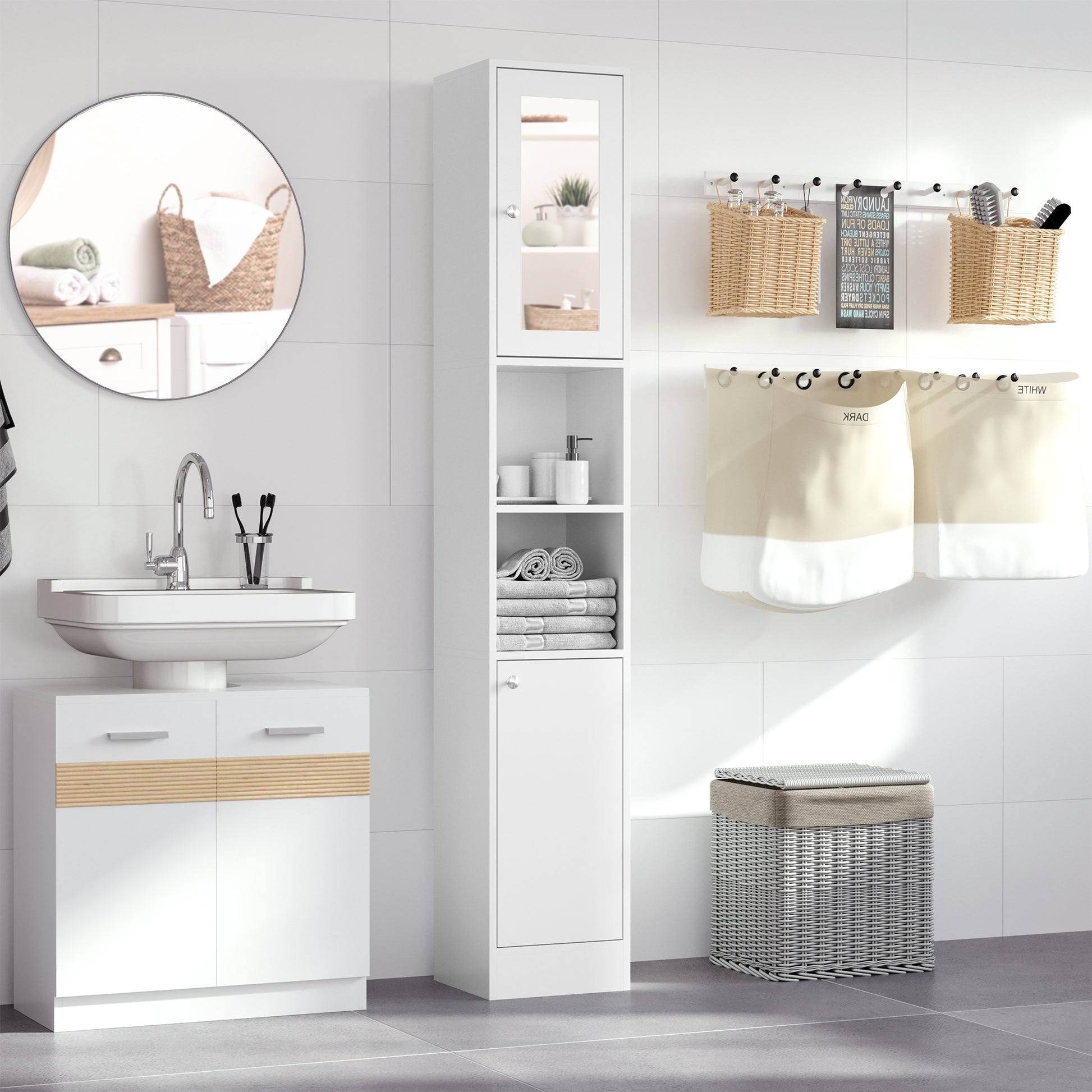 HOMCOM Tall Bathroom Storage Cabinet with Mirror, Freestanding Floor Cabinet Tallboy Unit with Adjustable Shelves, White