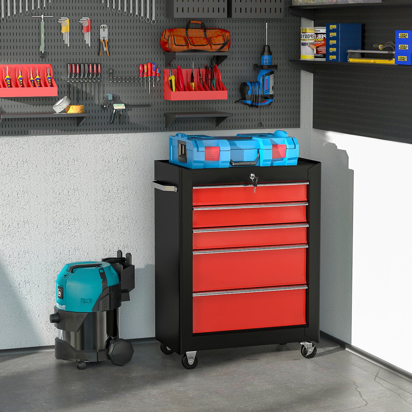 HOMCOM 5-Drawer Tool Chest, Lockable Steel Tool Storage Cabinet with Wheels and Handle Tool Box for Garage, Workshop, Red