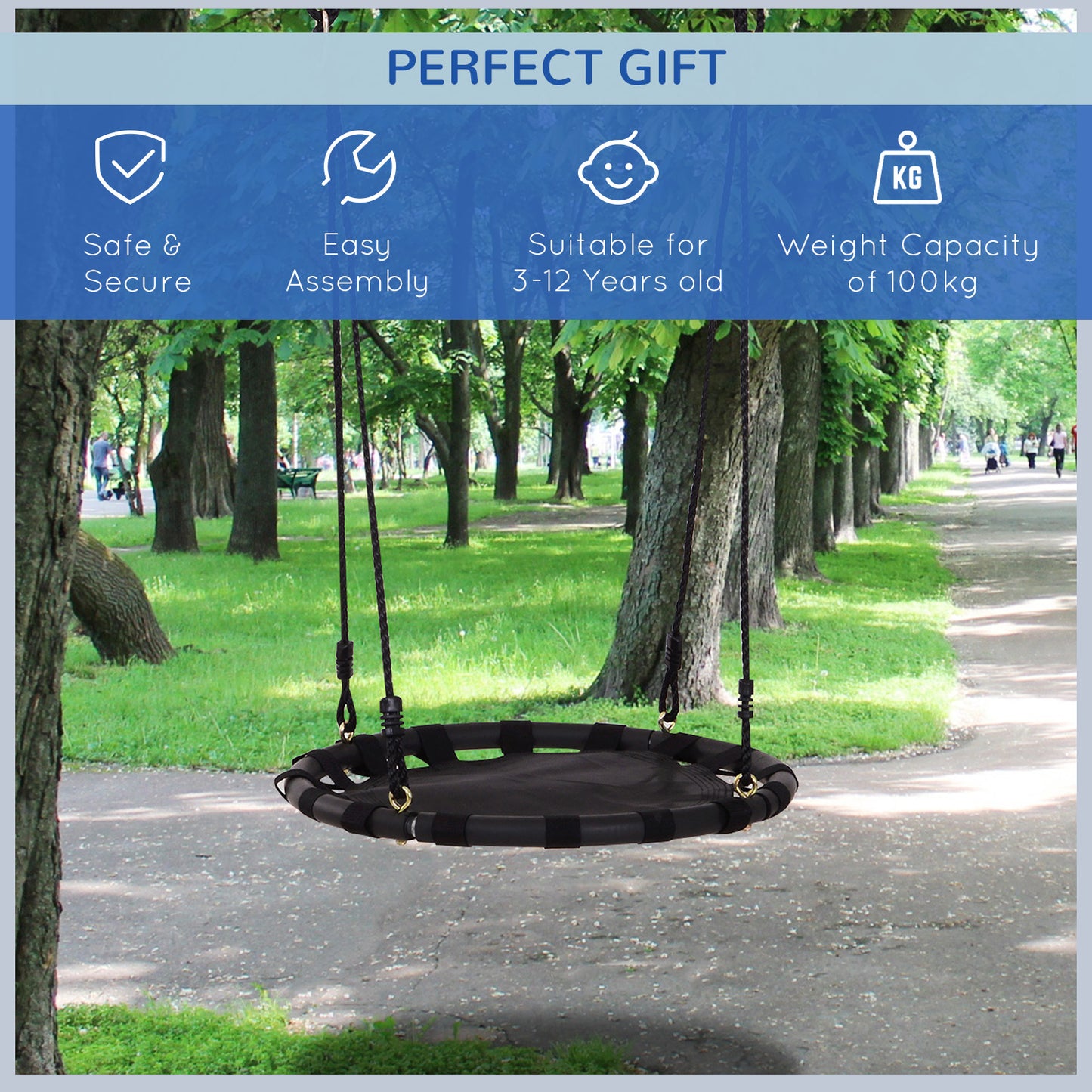 HOMCOM 23.5 Inch/ 60 cm Kids Nest Swing Seat Round Hanging Tree Metal Frame Backyard Playground Outdoor Garden Backyard Play Toy Black