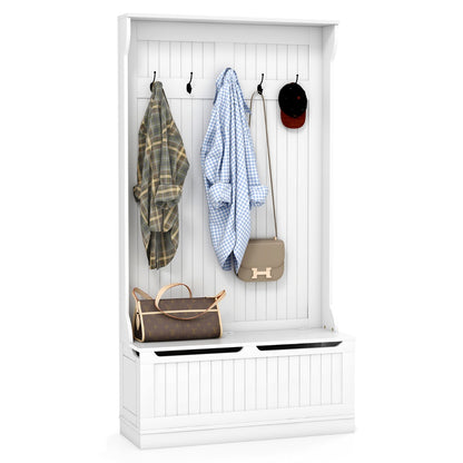 3-in-1 Hall Tree Storage Bench and Coat Rack with 5 Hooks and Cabinet-White