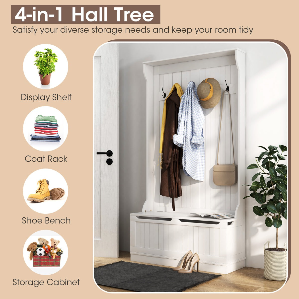 3-in-1 Hall Tree Storage Bench and Coat Rack with 5 Hooks and Cabinet-White