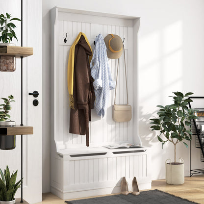 3-in-1 Hall Tree Storage Bench and Coat Rack with 5 Hooks and Cabinet-White