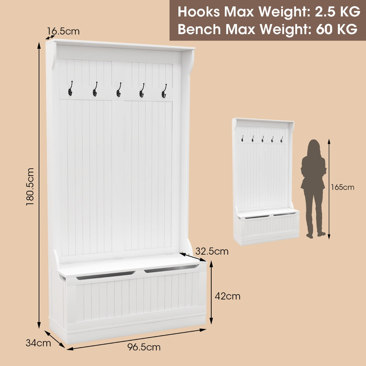 3-in-1 Hall Tree Storage Bench and Coat Rack with 5 Hooks and Cabinet-White