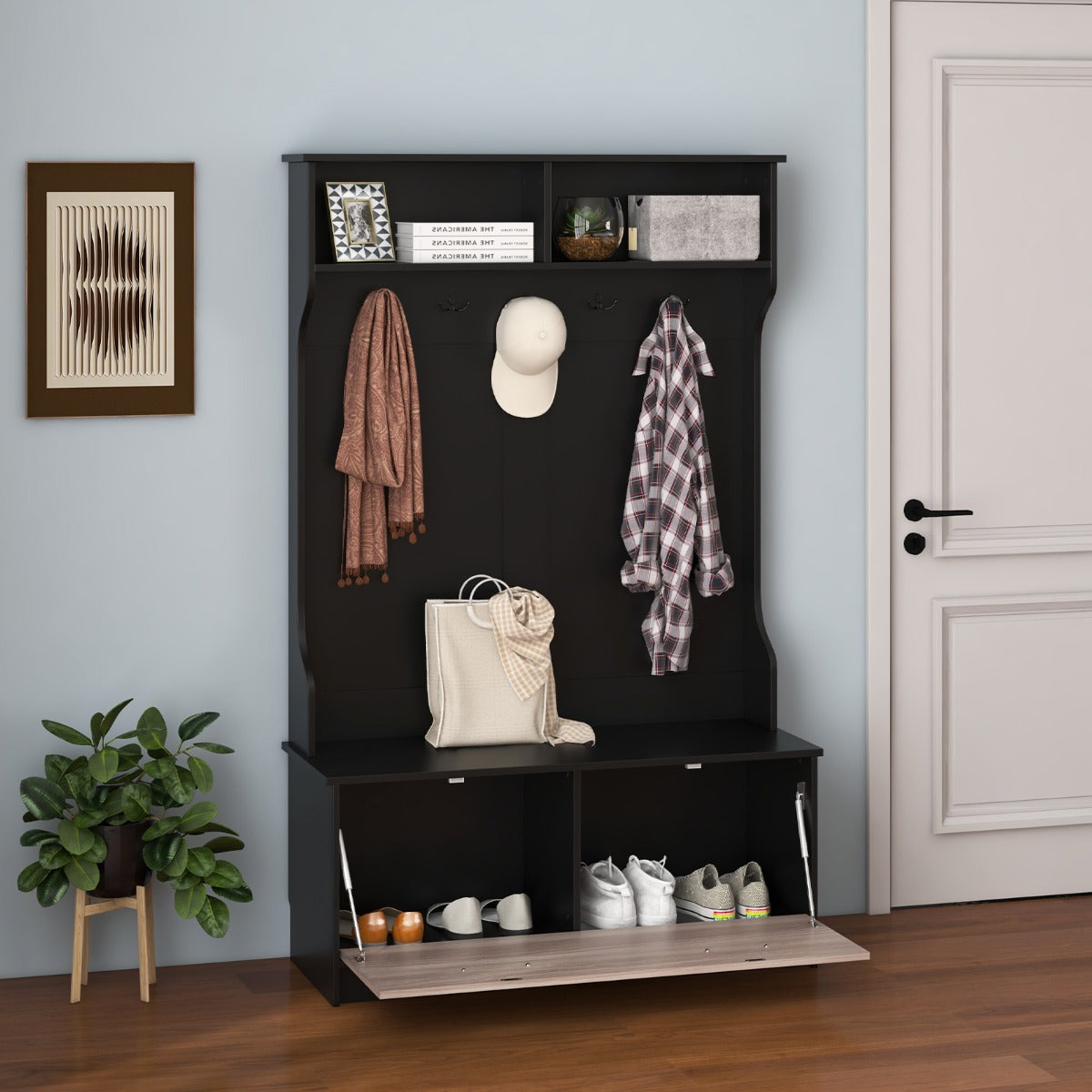 63 Inches Hall Tree with Coat Rack and Storage Bench-Black