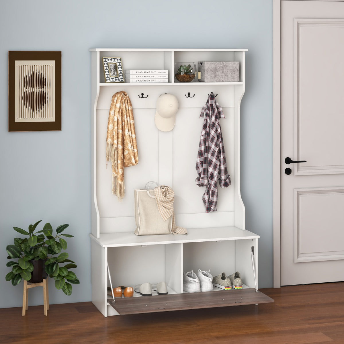 63 Inches Hall Tree with Coat Rack and Storage Bench-White