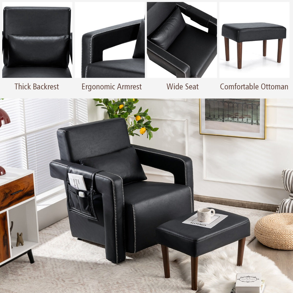 Upholstered Padded Accent Chair with Footstool and Lumbar Pillow-Black