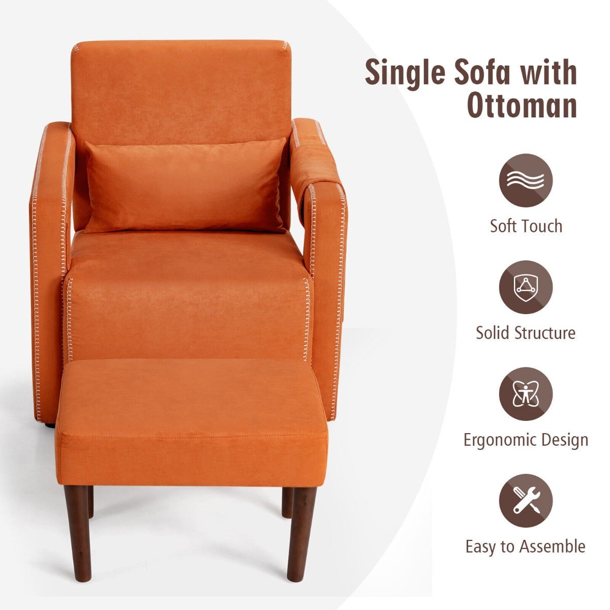 Upholstered Padded Accent Chair with Footstool and Lumbar Pillow-Orange