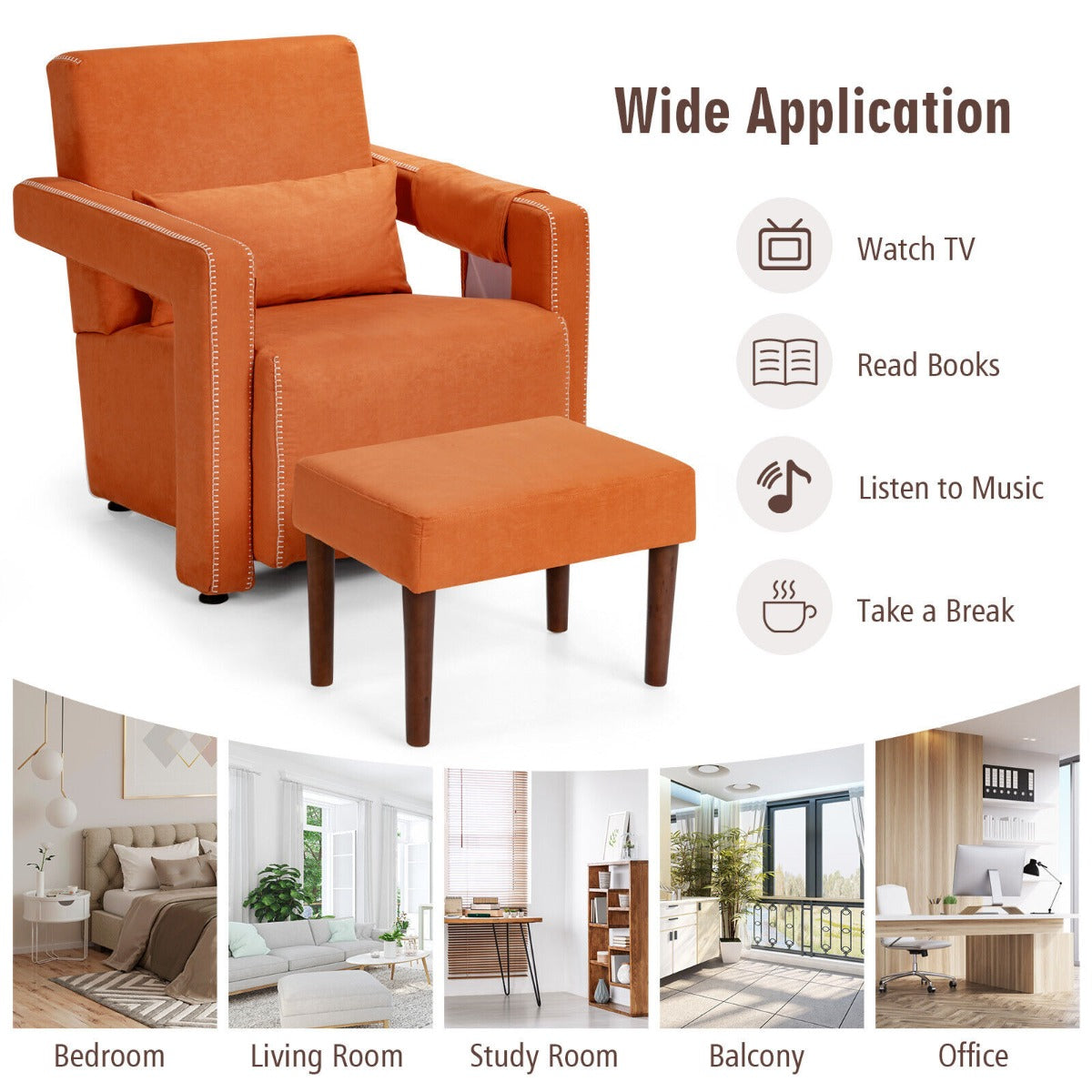 Upholstered Padded Accent Chair with Footstool and Lumbar Pillow-Orange