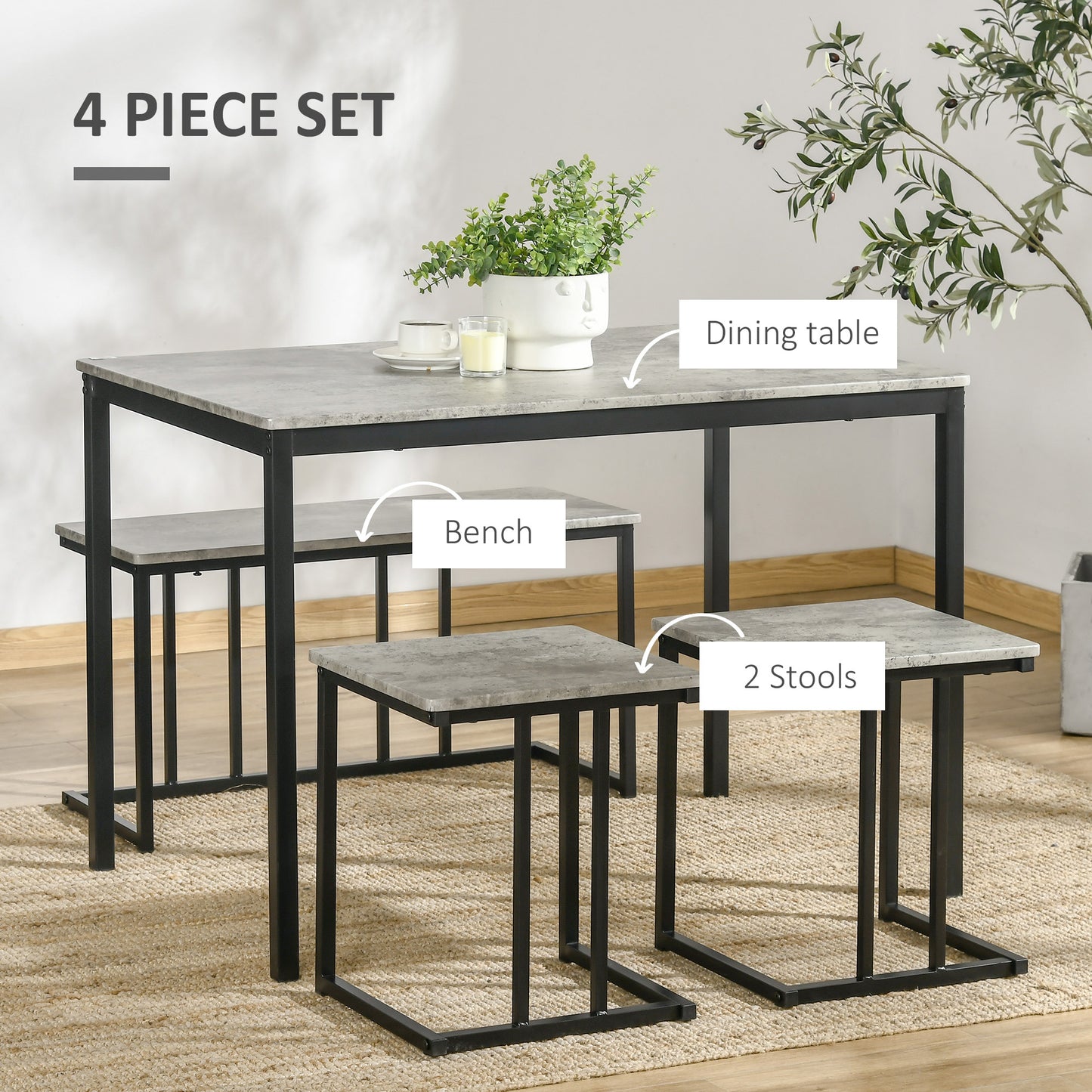 HOMCOM Dining Table and Chairs Set for 4 People, Concrete Effect Kitchen Table and Bench Set with Steel Frame, 4 Piece Dining Room Sets, Grey