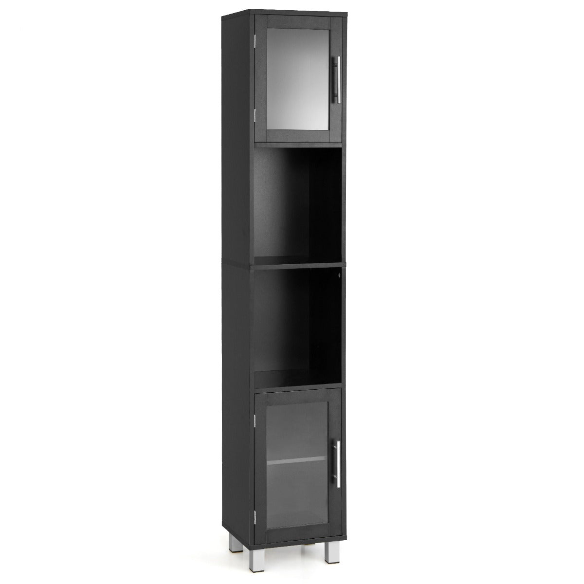 Freestanding Slim Wooden Bathroom Cabinet with Tempered Glass Doors-Black