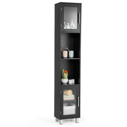 Freestanding Slim Wooden Bathroom Cabinet with Tempered Glass Doors-Black