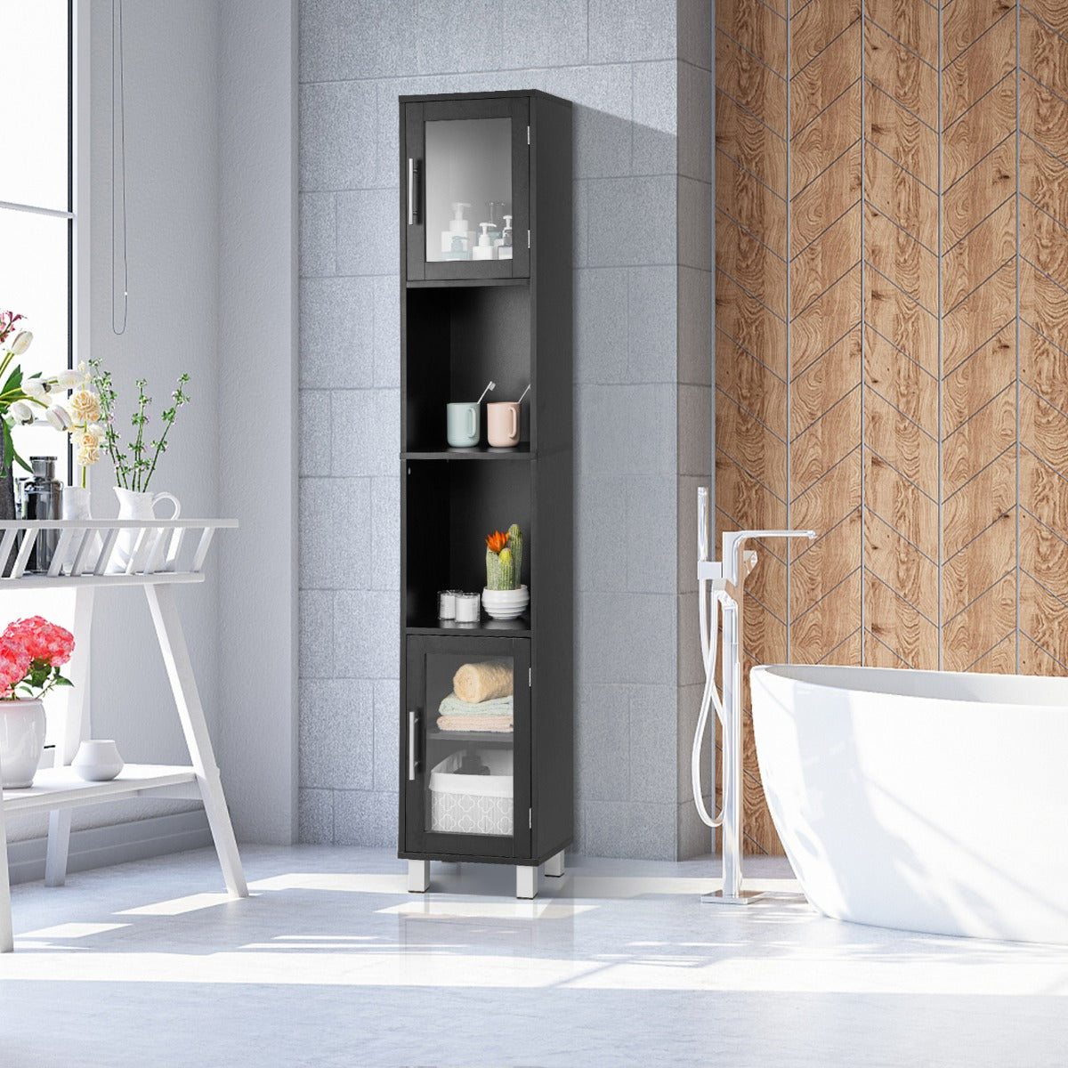 Freestanding Slim Wooden Bathroom Cabinet with Tempered Glass Doors-Black