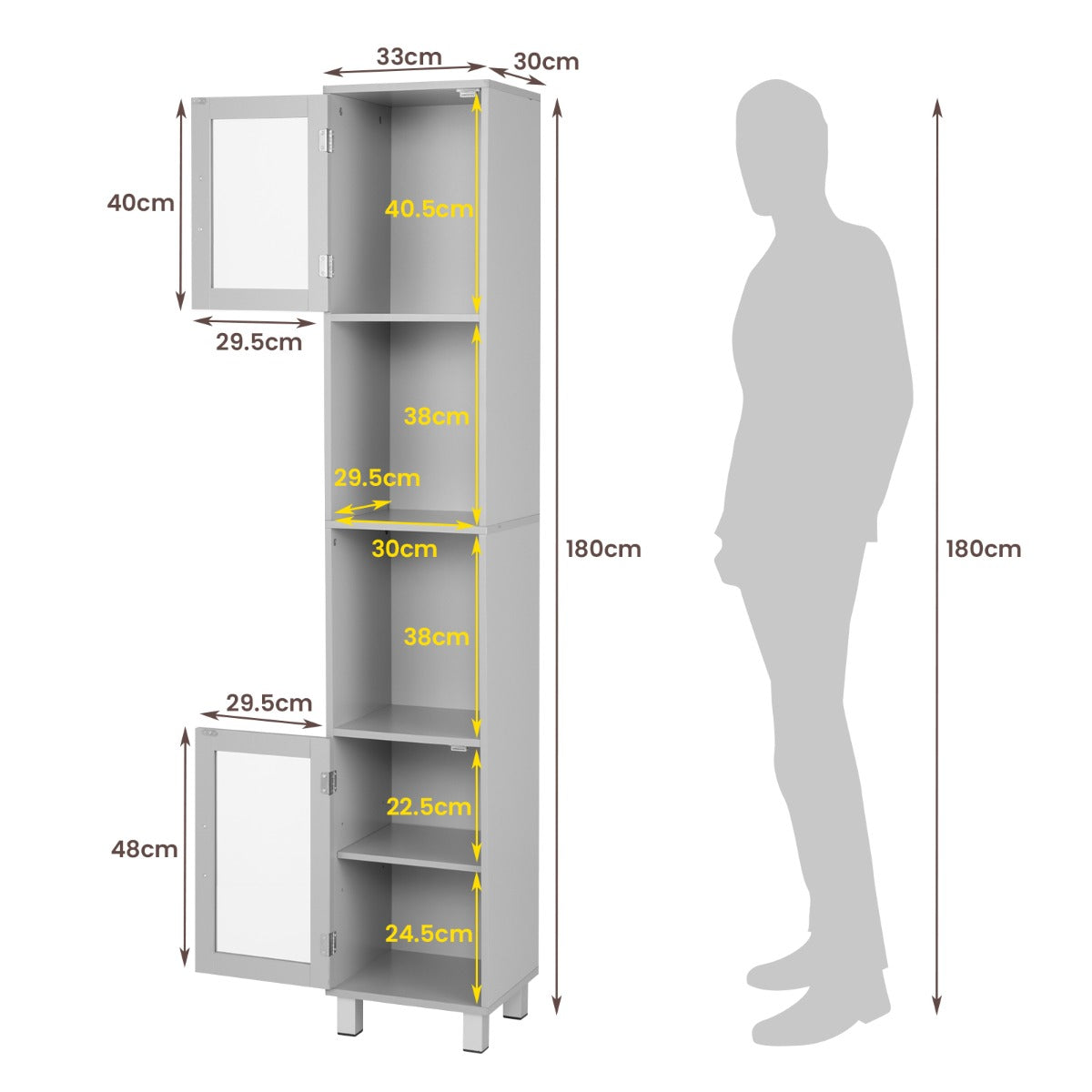 Freestanding Slim Wooden Bathroom Cabinet with Tempered Glass Doors-Grey