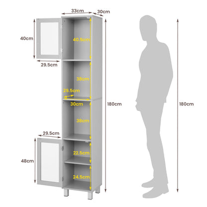 Freestanding Slim Wooden Bathroom Cabinet with Tempered Glass Doors-Grey