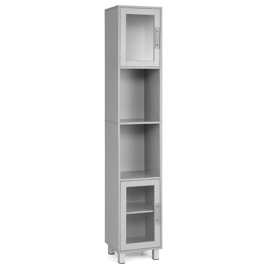 Freestanding Slim Wooden Bathroom Cabinet with Tempered Glass Doors-Grey