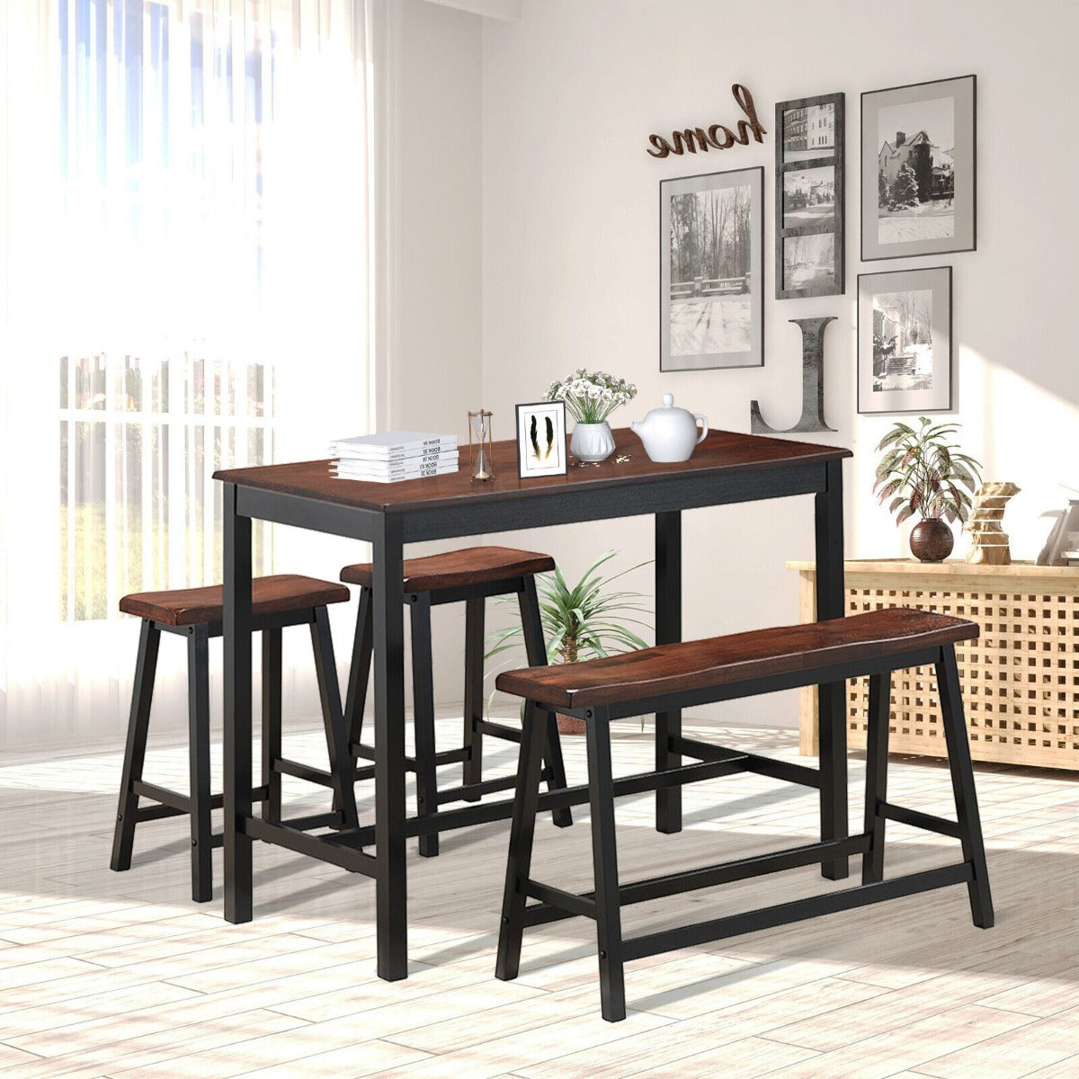 4 Pieces Dining Table and Chair Set Furniture with Bench and Stools-Coffee