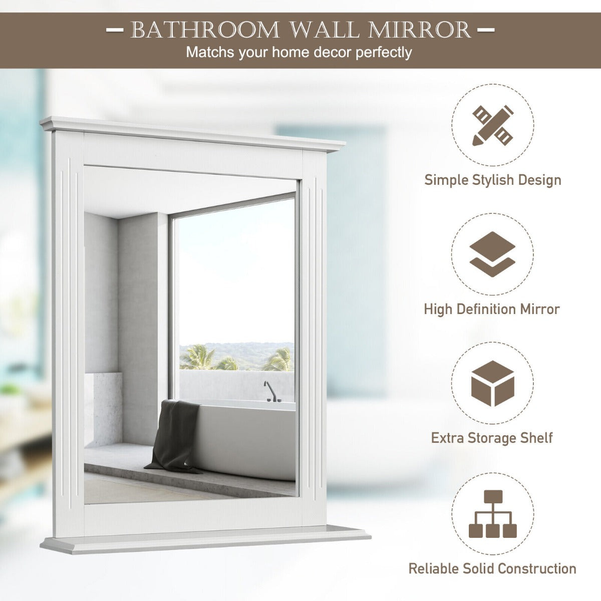 Modern Wall-mounted Rectangular Bathroom Mirror with Storage Shelf-White