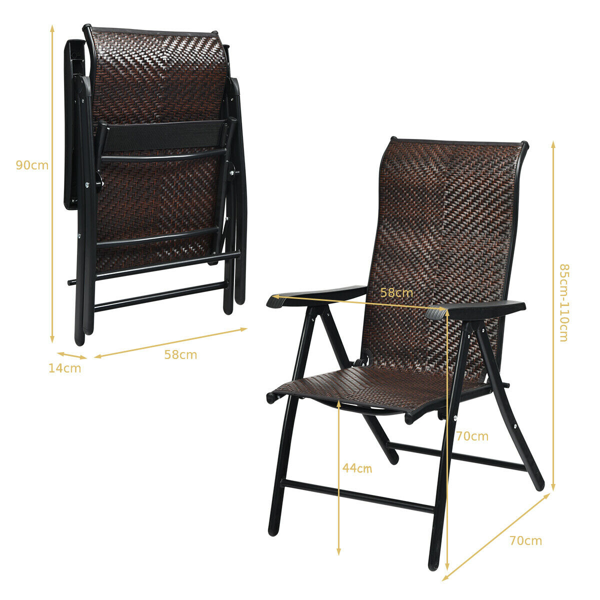 Set of 2 Folding Reclining Rattan Chair with Widened Armrest