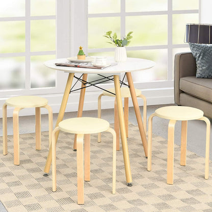 Set of 4 Padded Stackable Wooden Upholstered Round Bar Dining Stools-Natural