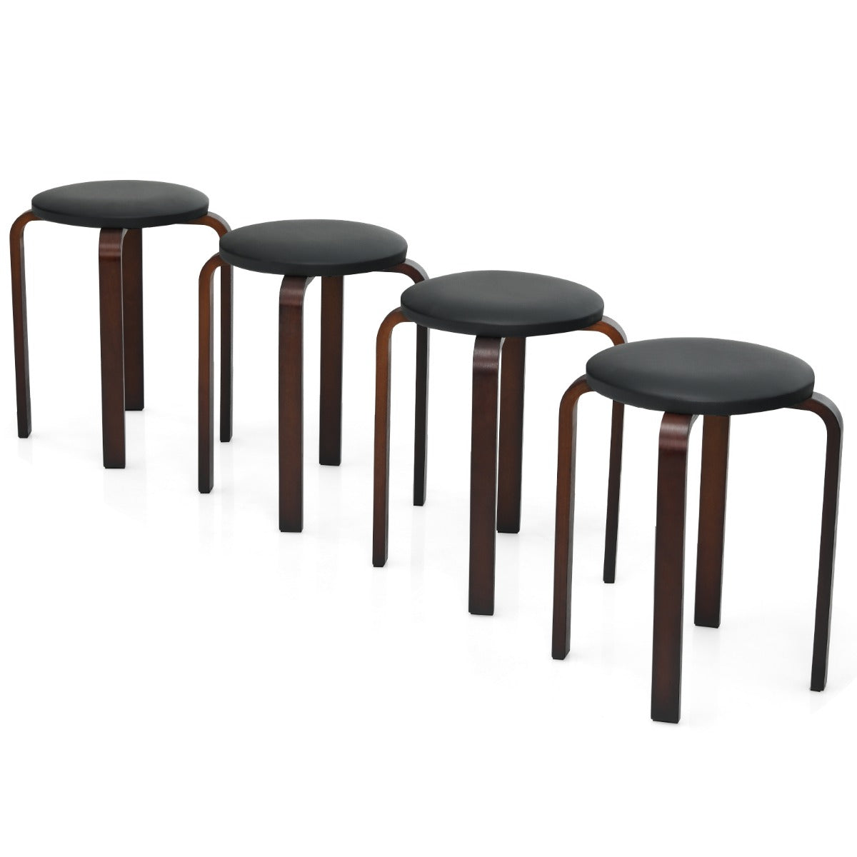 Set of 4 Padded Stackable Wooden Upholstered Round Bar Dining Stools-Black